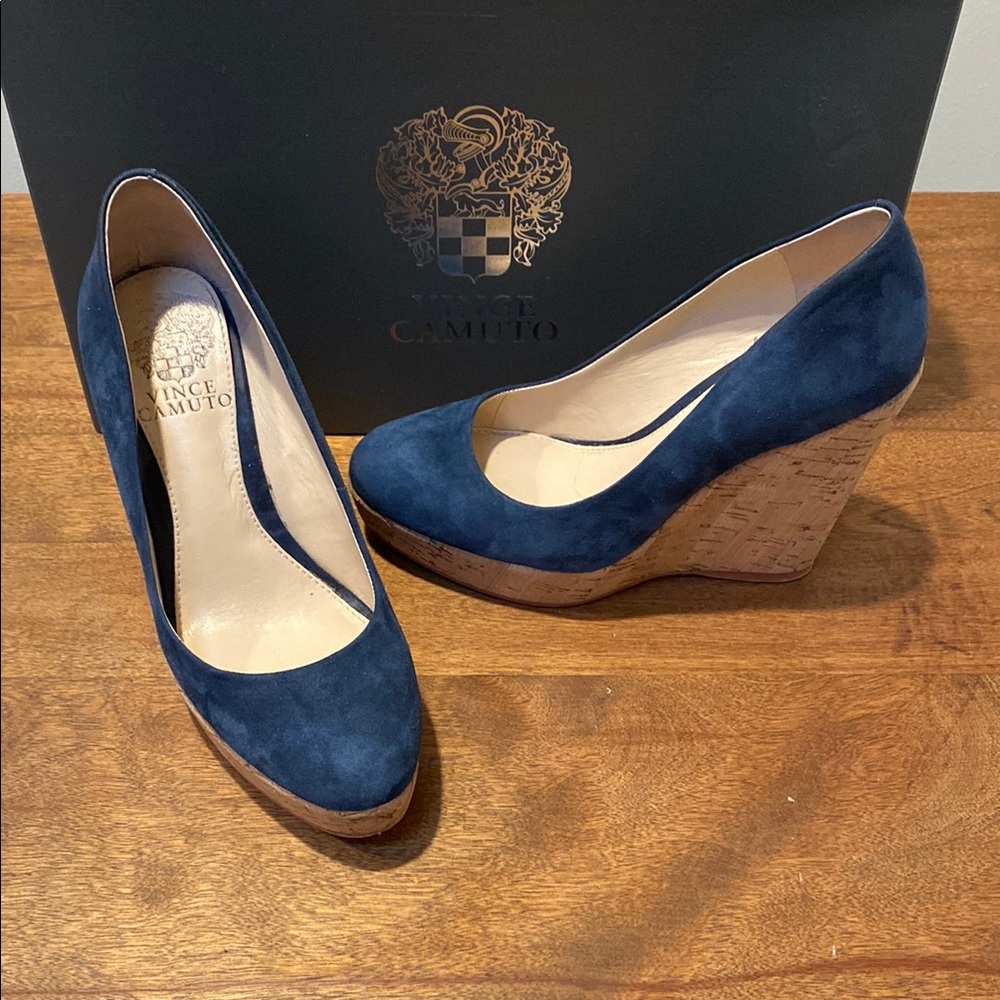 Vince Camuto Women's Navy Suede Cork  Wedge Shoes 5M